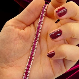 Baguette Schliff Labrador Pink Rubin Diamant Tennis Armband, Sterling Silber
