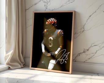 Pôster de Joe Burrow, arte de parede do quarterback da NFL, impressão de futebol americano de Cincinnati, arte esportiva moderna para sala de jogos, escritório e decoração de fãs.