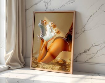 May include: A framed print featuring a person with roller skates. The skates are white and light blue with tan wheels. The person is in a sandy environment, with the lower body visible. The frame is a light brown color.