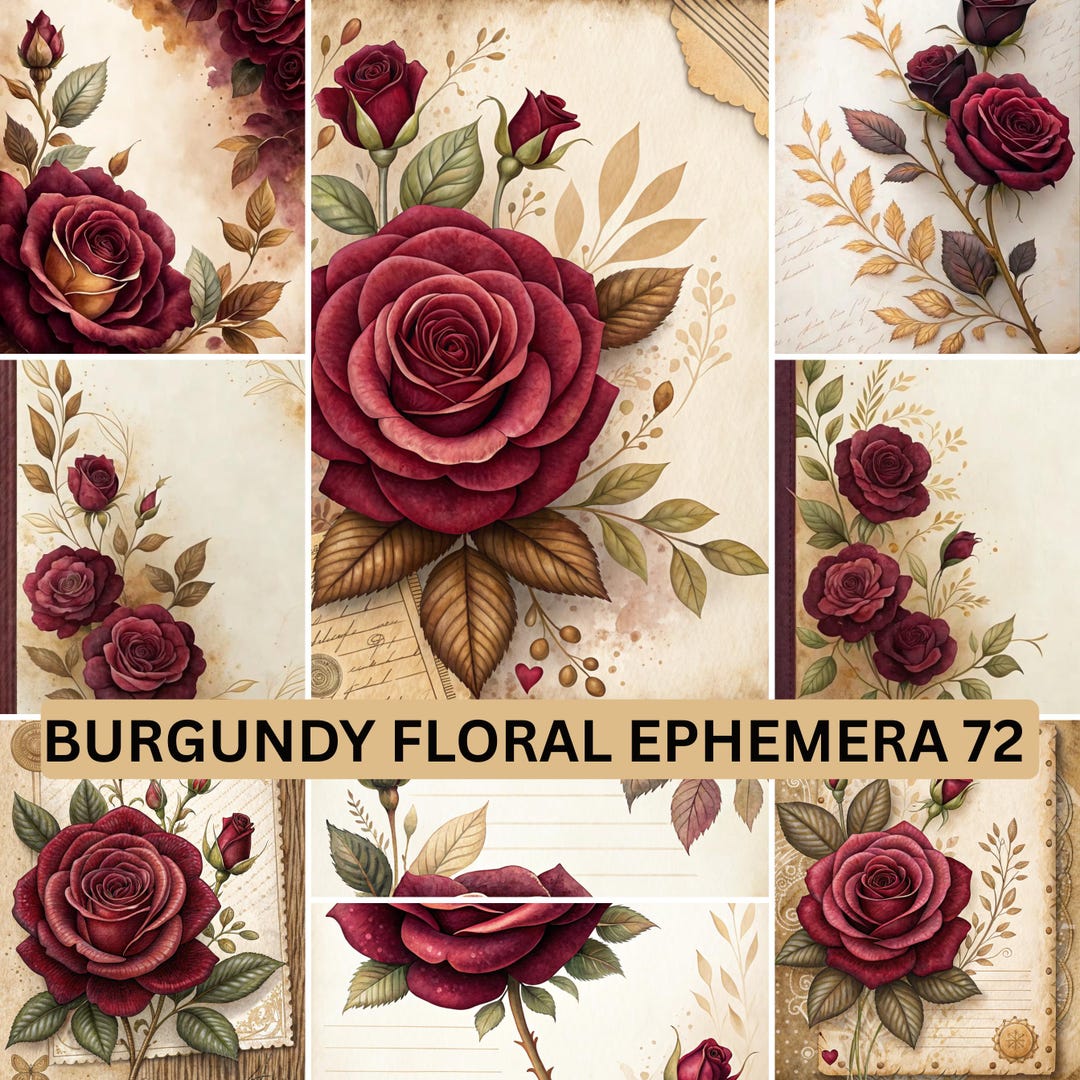 Burgundy Rose Junk Journal Pages, Vintage Floral Ephemera (digital ...