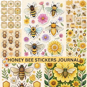 Può includere: Una collezione di adesivi e elementi per il diario a tema api. Gli adesivi presentano vari disegni di api, fiori e motivi a nido d'ape. La tavolozza dei colori include giallo, nero, bianco, rosa e viola. Il testo "HONEY BEE STICKERS JOURNAL" è visibile.