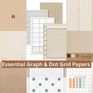May include: A collection of essential graph and dot grid papers in various designs. The papers feature grid patterns, dot grids, and a variety of colors, including beige, brown, and white. The text "Essential Graph & Dot Grid Papers" is displayed at the bottom.
