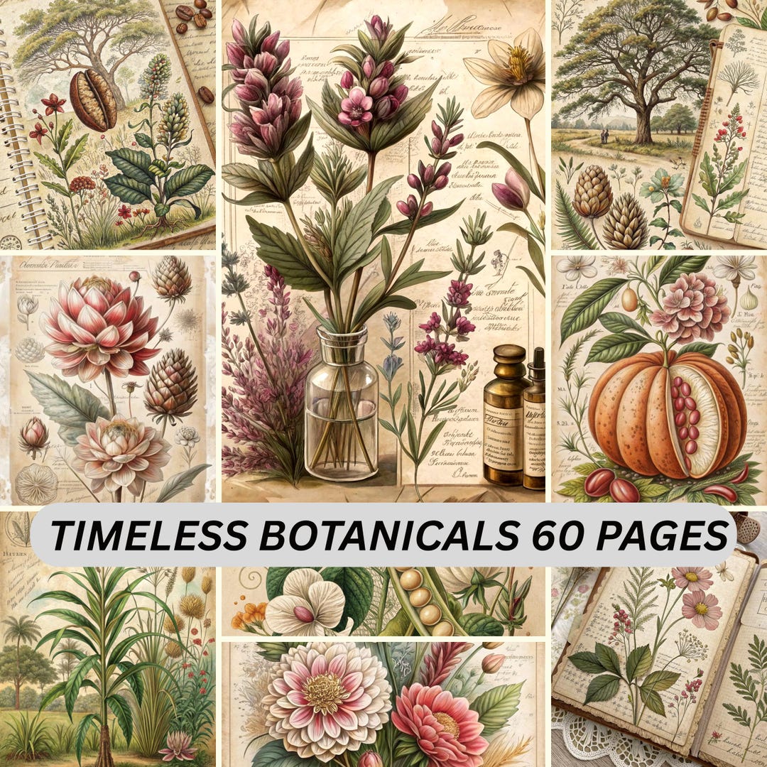 Vintage Botanical Junk Journal Pages Printable, Floral Ephemera Kit ...