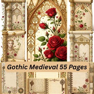 Puede incluir: Una colección de páginas de diario de temática gótica y medieval y elementos decorativos. La imagen presenta diseños de pergaminos ornamentados, detalles arquitectónicos y vibrantes rosas rojas. Se muestra el texto "Gothic Medieval 55 Pages".
