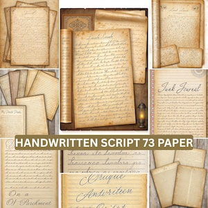 Può includere: Un collage di fogli di carta in stile vintage con scrittura a mano. Le carte variano per dimensioni e forma, alcune con righe, altre vuote. Il testo "HANDWRITTEN SCRIPT 73 PAPER" è visibile.