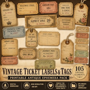 May include: A collection of vintage ticket labels and tags with a distressed, aged appearance. The labels include railway passes, admission tickets, library cards, and luggage tags. The color palette is primarily beige, brown, and faded red.