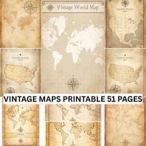 May include: A collection of vintage-style maps with a sepia tone. The maps include world maps, United States maps, and antique maritime charts. The text "Vintage World Map" and "Vintage Maps Printable 51 Pages" are visible.