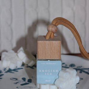 May include: A car air freshener with a wooden cap and a light blue label that reads "ABOLISH ICE". The freshener is accompanied by white snowflake-shaped wax melts. A tan cord is attached for hanging.