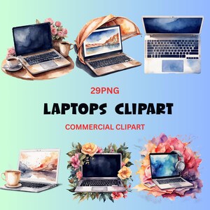 Watercolor Laptop Clipart, Tech and Office Digital Bundle,Laptop Computer Clipart Set PNG, Outline, Work From Home Illustration,