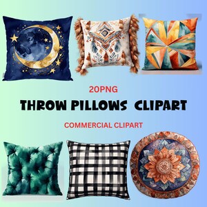 Pretty Pillows Clipart PNG Bundle, Decorative Pillow Clipart, Patchwork Pillow PNG, Bedding Home Clipart, Watercolor Cushion Illustration,