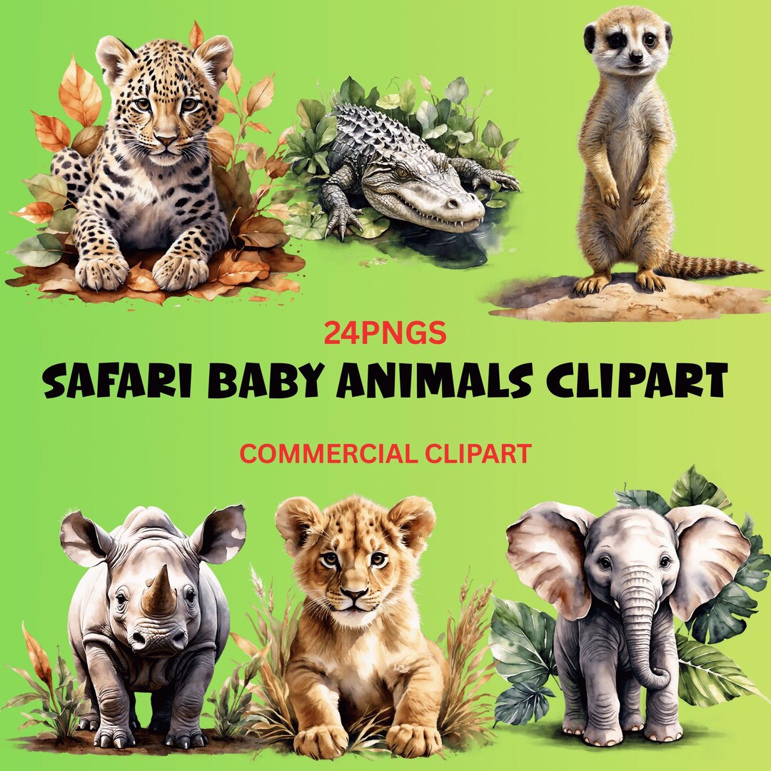 Watercolor Safari Baby Animals Clipart Bundle, Cute Jungle Animal PNG ...