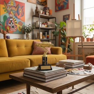 Puede incluir: Un trofeo de coche dorado descansa sobre una pila de libros en una mesa de centro de madera. La habitación presenta un sofá amarillo, pinturas abstractas coloridas y un caballete con un lienzo en blanco. La escena sugiere un estudio de artista o un espacio creativo.