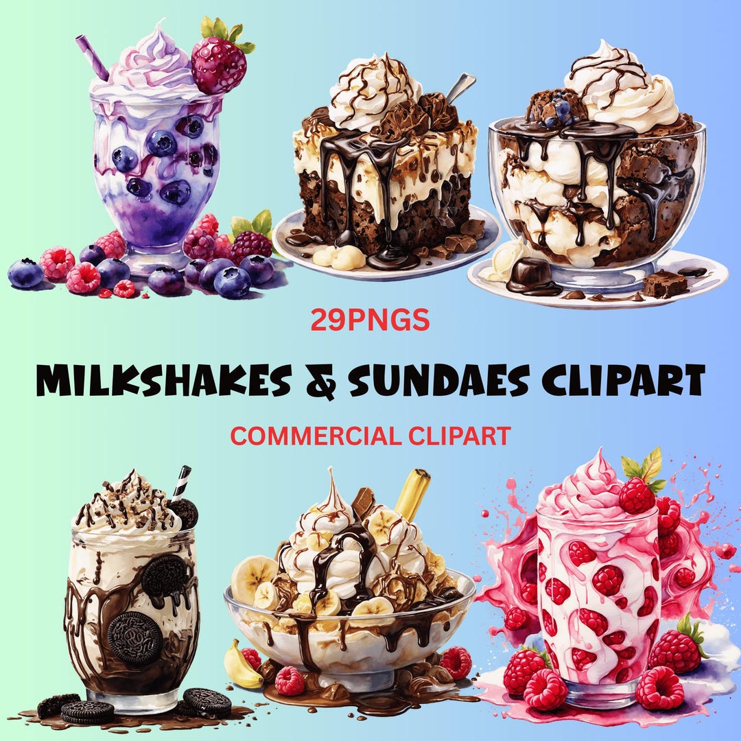 Watercolor Milkshakes & Sundaes Clipart Set, Pastel Ice Cream Dessert ...