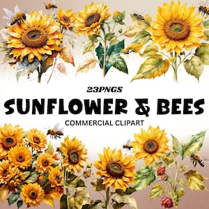 Peut inclure: Illustration à l'aquarelle de tournesols et d'abeilles. L'image présente des tournesols jaune vif avec des centres bruns, des feuilles vertes et des abeilles en vol. Le texte sur l'image indique "SUNFLOWER & BEES COMMERCIAL CLIPART".