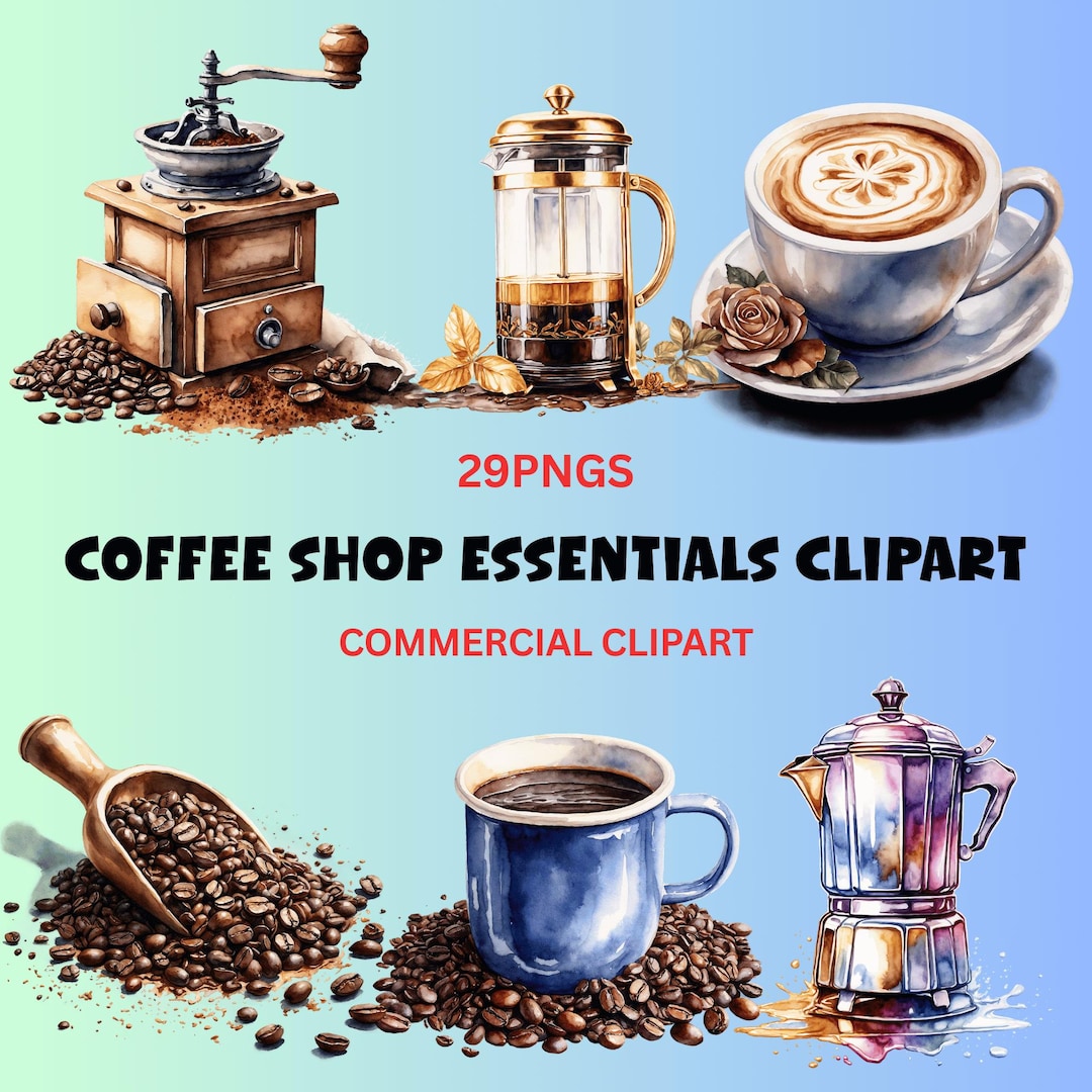 Watercolor Coffee Shop Clipart Bundle, Cafe Essentials PNG, Barista Art ...