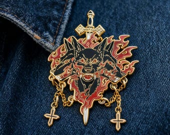 Gothic Enamel Pin, Cerberus Three-Headed Dog Pin, Greek Mythology Gift, Dark Fantasy Badge, Unique Collector Pin