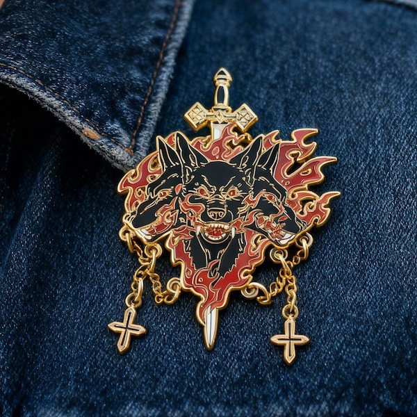 Gothic Enamel Pin, Cerberus Three-Headed Dog Pin, Greek Mythology Gift, Dark Fantasy Badge, Unique Collector Pin