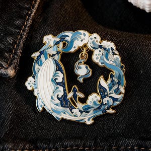 Pin de esmalte de ballena Ukiyo-e • Insignia de ola oceánica con purpurina • Regalo de biólogo marino • Joyería con dije colgante