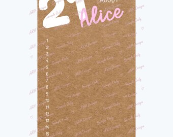 May include: A brown paper banner with the text "21 THINGS WE LOVE ABOUT Alice" in white and pink. The banner has numbered lines for listing items. The bottom of the banner reads "Editable Banner".