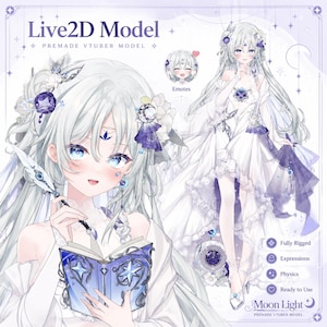 Può includere: Illustrazione digitale di un modello Live2D, un VTuber predefinito. Il personaggio ha lunghi capelli bianchi, occhi blu e un vestito bianco con dettagli viola. Il testo "Live2D Model" e "Moon Light" è incluso.