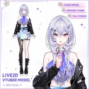 Pode incluir: Ilustração digital de um modelo Live2D VTuber com cabelo prateado e olhos rosa. O modelo usa um top azul, jaqueta preta e saia. O texto na imagem diz "LIVE2D VTUBER MODEL" e "READY TO USE".