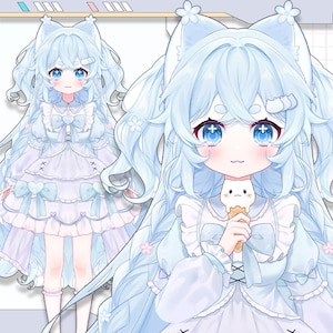 May include: An illustration of a character with light blue hair styled with cat ears and flower accents. The character has large blue eyes and is wearing a light blue and white dress with bows and ruffles. The character is holding a small ice cream cone.