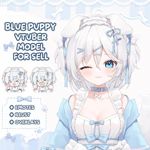Modelo 2D AO VIVO de uma cachorrinha azul, modelo Vtuber para venda.