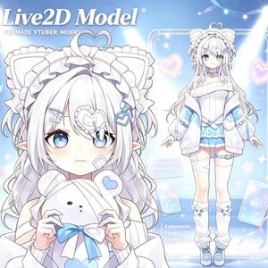 Op de afbeelding: Een Live2D-model karakterblad met een witharige anime-figuur met kattenoren, blauwe ogen en een wit en lichtblauw outfit. Het personage houdt een witte berenknuffel vast. Tekst bevat Live2D Model, Premade VTuber Model en Expressions.