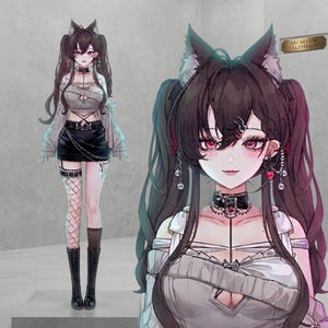 Puede incluir: Un personaje de estilo anime con cabello castaño oscuro en coletas, orejas de lobo y ojos rojos. El personaje viste un suéter beige corto, una minifalda negra con cadena, una gargantilla negra, medias de red y botas negras. Texto: ARCHIVUM CELESTIALIS.