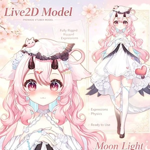 Könnte beinhalten: Eine Live2D-Modell-Charakterillustration mit dem Titel Moon Light, die eine Figur mit langem rosa Haar, kleinen dunklen Hörnern und Tierohren zeigt. Die Figur trägt ein weißes Kleid mit schwarzen Akzenten, Kopfschmuck mit einer kleinen Kreatur.