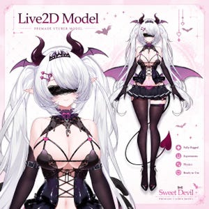 May include: A Live2D model of a character with long white hair, dark horns, and bat wings, wearing a black lace outfit with heart accents and a blindfold. The character has pointed ears and a tail. Text includes Live2D Model, Sweet Devil.