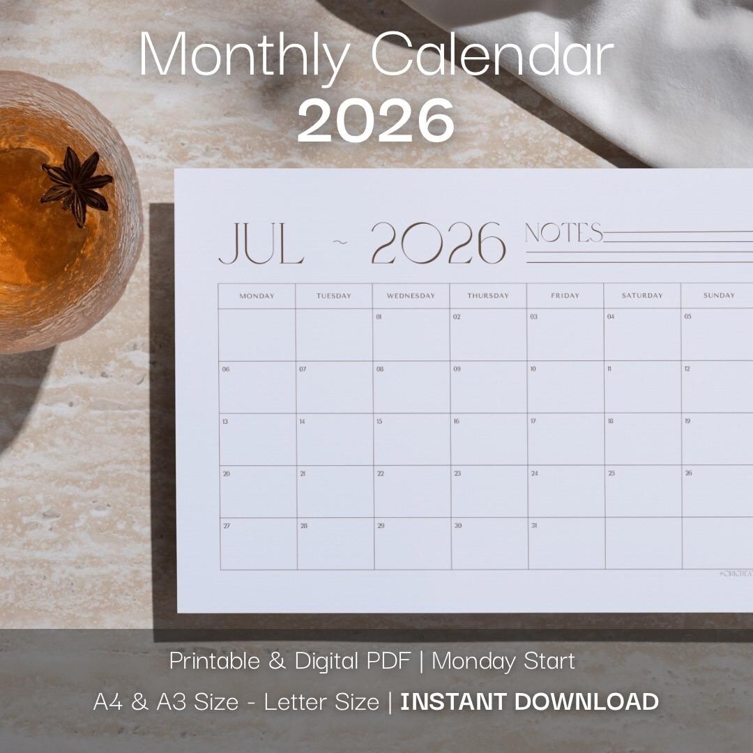 Minimalist 2026 Monthly Calendar – 3 Printable & Digital PDF – Monday ...