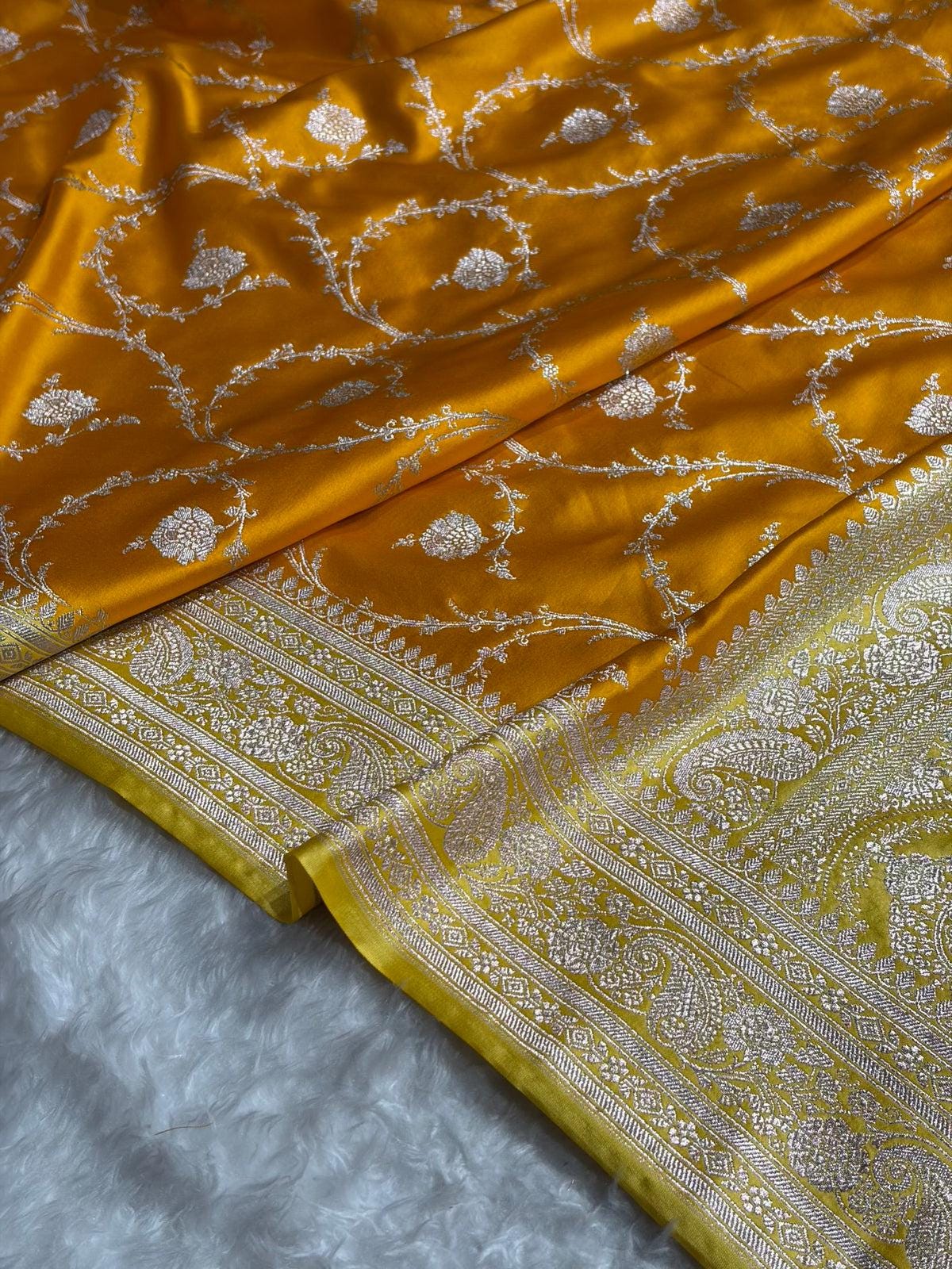 Mustard Yellow Mashru Silk Saree with Silver Zari Banarasi Bridal Drape