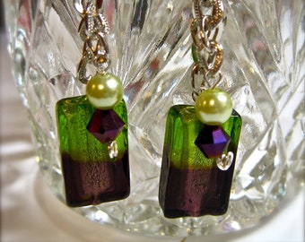 Lime and Grape Purple Silver Dangle Earrings