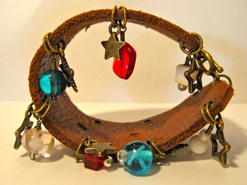 Leather Cuff Charm Bracelet Upcycled Cowgirl Chic Americana Retro OOAK image 2