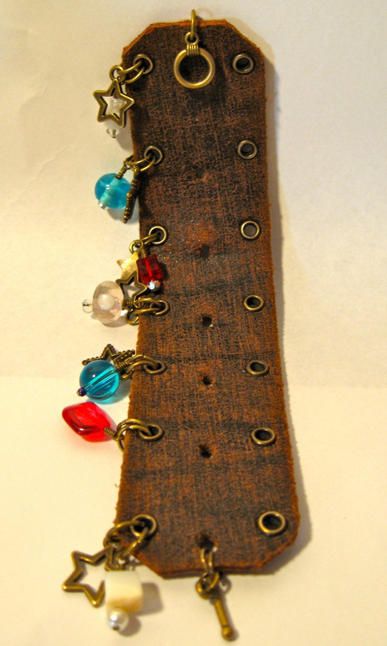 Leather Cuff Charm Bracelet Upcycled Cowgirl Chic Americana Retro OOAK image 3