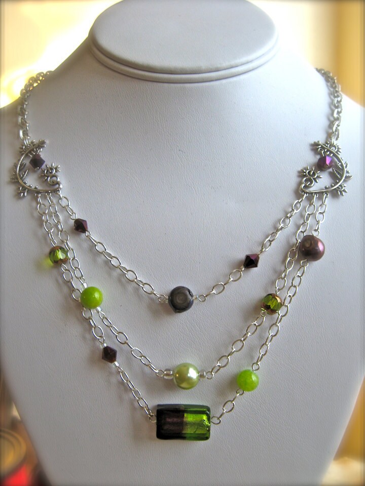 Grapevine Multi Strand Chain and Beaded Necklace With Purple and Lime ...