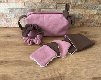 Elegant, roomy, handmade beauty case made of stiff linen-effect fabric in sophisticated shades of powder pink and brown.