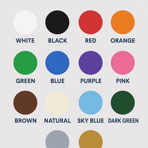 May include: A color chart titled "PLA COLORS" displays 14 circular color swatches. Colors include white, black, red, orange, green, blue, purple, pink, brown, natural, sky blue, dark green, silver, and copper.
