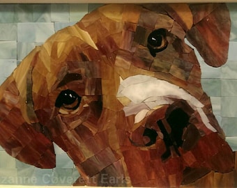 Nessie,  Custom 11x18 Mosaic Dog Portrait on reclaimed window