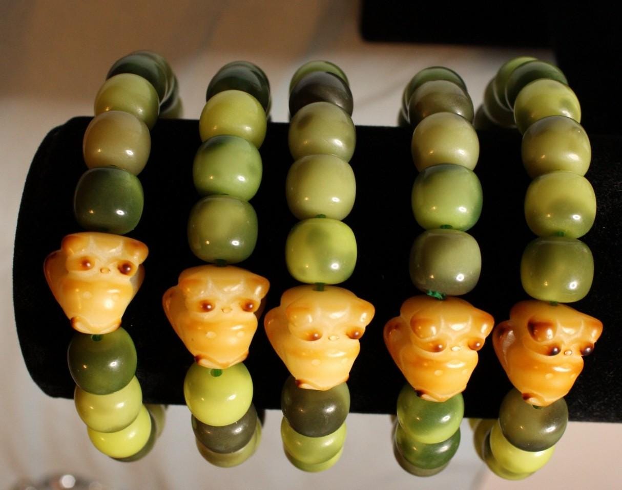 Bodhi Root Bead Bracelet: Carved Owl, Fish Charms, Good Luck