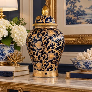 May include: A decorative ceramic ginger jar featuring a deep blue glaze adorned with intricate gold filigree scrollwork and floral motifs. The jar includes a matching lid topped with a gold finial, showcasing a polished finish and ornate detailing throughout the vessel's exterior surface.