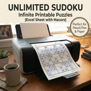 Pode incluir: Uma impressora a preto e branco a imprimir uma folha de quebra-cabeças Sudoku. A folha tem uma grelha com números e o texto "UNLIMITED SUDOKU" no topo. Uma caneca de café e uma foto emoldurada estão na secretária de madeira.