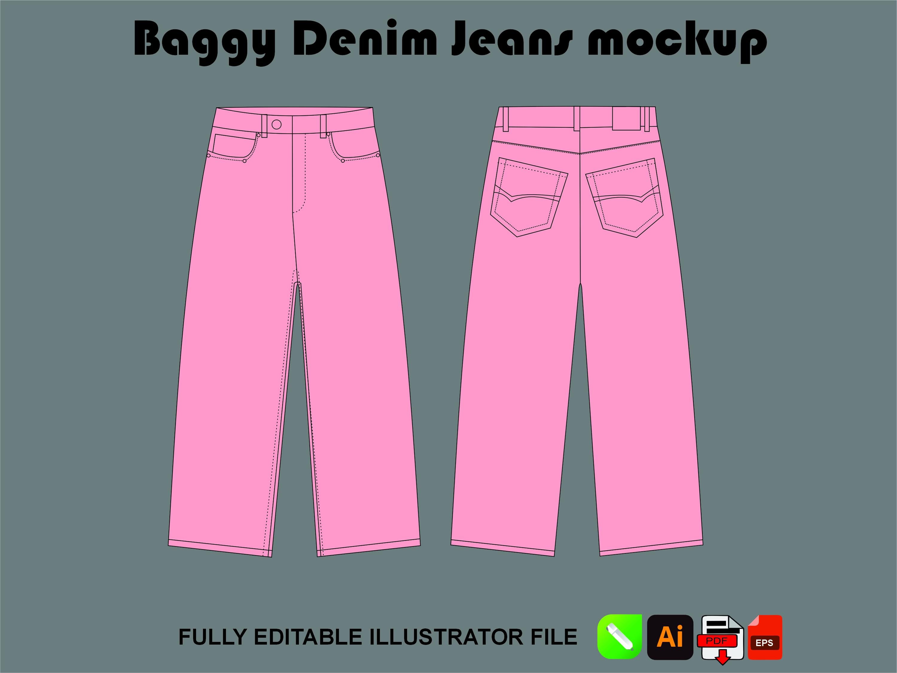 Baggy Oversized Denim Jeans Tech Pack Streetwear Flat Sketch Mockup ...