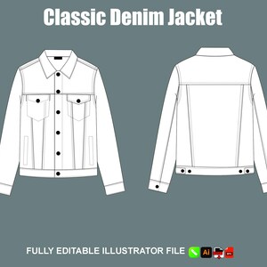 May include: A white classic denim jacket illustration, front and back views, with black buttons and pocket details. The text "Classic Denim Jacket" is at the top, and "FULLY EDITABLE ILLUSTRATOR FILE" is at the bottom.