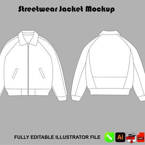 Puede incluir: Un dibujo de líneas en blanco y negro de una maqueta de chaqueta urbana que muestra vistas frontales y traseras. El texto Streetwear Jacket Mockup aparece en la parte superior y el texto FULLY EDITABLE ILLUSTRATOR FILE en la parte inferior.