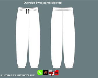 Oversize Sweatpants Vector Mockup Baggy Fit Flat Sketch Tech Pack Illustrator Pdf Template Download