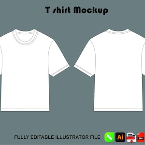 Pode incluir: Maquete de camiseta branca, vista frontal e traseira, em fundo cinza. O texto "T shirt Mockup" está no topo. A parte inferior da imagem diz "FULLY EDITABLE ILLUSTRATOR FILE" com ícones associados.