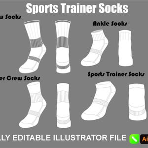 Puede incluir: Ilustración de calcetines deportivos blancos con detalles grises. Se muestran varios estilos, incluyendo calcetines de tripulación, calcetines tobilleros y calcetines de media caña. El texto dice "Sports Trainer Socks" y "FULLY EDITABLE ILLUSTRATOR FILE".