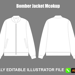Może przedstawiać: Biały mockup kurtki bomber, widok z przodu i z tyłu, na szarym tle. Kurtka ma zapięcie na zamek błyskawiczny, kieszenie i prążkowane mankiety. Tekst u góry brzmi "Bomber Jacket Mockup", a na dole "FULLY EDITABLE ILLUSTRATOR FILE".